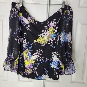 Torrid Off-Shoulder Blouse Top 3 Black Floral Long‎ Sheer Sleeves